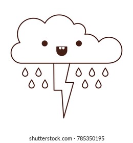 kawaii cloud with rain and thunderbolt in monochrome silhouette
