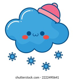 kawaii cloud and snowflakes over white