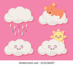 kawaii clouds and bear icon set