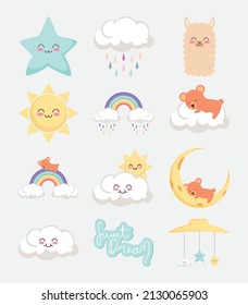 kawaii clouds and cute baby symbols set