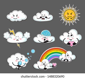 Kawaii clouds and sun stickers. Colored vector set can use for cards, fridge magnets, stickers, posters, interior design.