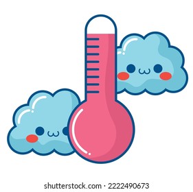nubes kawaii y termómetro sobre blanco