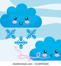 kawaii clouds wind snowflakes winter cartoon