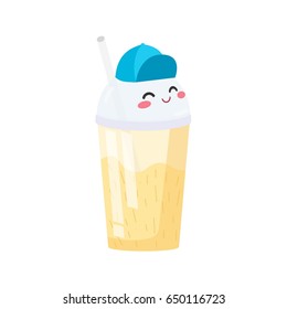 Kawaii cocktail mug with face and cap. Milk or juice cocktails in plastic cup. Character vector illustration.