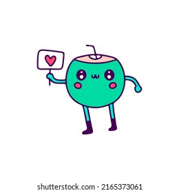 Kawaii coconut mascot holding love symbol, illustration for t-shirt, sticker, or apparel merchandise. With doodle, retro, and cartoon style.