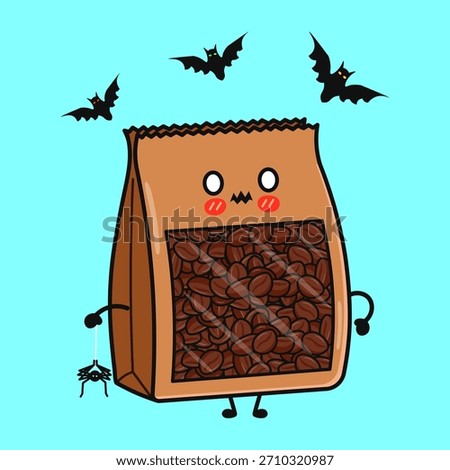 Kawaii coffee bag character featuring rosey cheeks and an apprehensive expression, holding a spider on a thread, with mischievous bats fluttering above, embodying a spooky yet cute Halloween theme