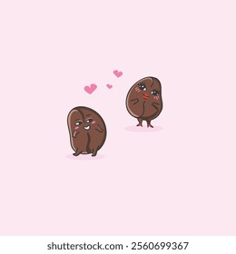 kawaii coffee bean characters falling in love, love is in the air, valentines day coffee beans