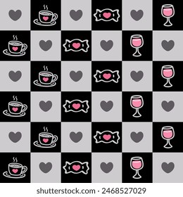 Kawaii Coffee, Candy, Wine, and Heart Pattern on Black and Gray Checkerboard