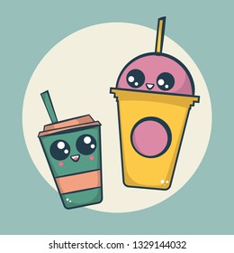 Kawaii Coffee Cappuccino and Frappuccino Cups. Cute cups with coffee smiling to each other vector illustration