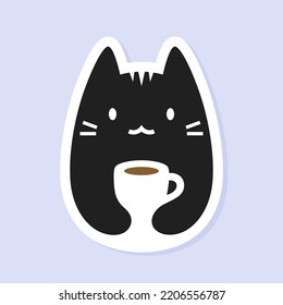 Kawaii coffee cat sticker. Cute kitten with coffee mug icon. Negative space anime kitty tea cup logo. Cat lover espresso badge. Vector illustration.