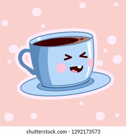 Kawaii coffee with cream. Cute cafe drinks. Vector coffee cups with happy face on a pink background.