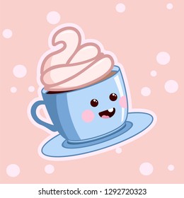 Kawaii coffee with cream. Cute cafe drinks. Vector coffee cups with happy face on a pink background.