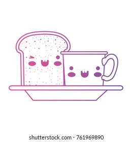 kawaii coffee cup and bread slice on dish in degraded magenta to purple color contour