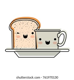 kawaii coffee cup and bread slice on dish in watercolor silhouette