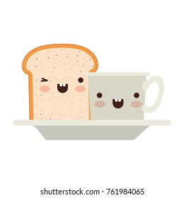 kawaii coffee cup and bread slice on dish in colorful silhouette on white background