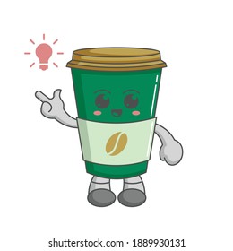 Kawaii coffee cup character cartoon design concept have an idea with lamp icon