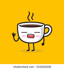 Kawaii coffee cup character in yawn action,cute cartoon vector illustration