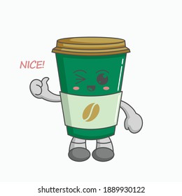 Kawaii coffee cup characters give a thumbs up applause, nice