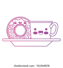 kawaii coffee cup and donut with cream glaze on dish in degraded magenta to purple color contour