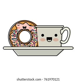 kawaii coffee cup and donut with cream glaze on dish in watercolor silhouette