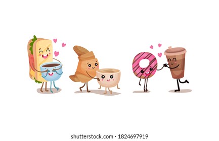 Kawaii Coffee Cup Holding Hands with Croissant and Doughnut Vector Set