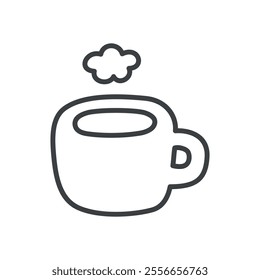 Kawaii coffee cup icon. Hand drawn monochrome illustration of a steamed mug of hot drink isolated on a white background. Vector 10 EPS.