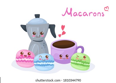 Kawaii Coffee Cup, personajes vectores italianos Coffee Maker & Macarons aislados en fondo blanco. Bebidas de cafeína sonrientes. Ilustración culinaria con letras. Tarjeta divertida, decoración de menú infantil.