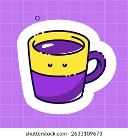 A kawaii coffee cup on a purple background. Cute sticker for a daily planner.