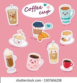 Kawaii Coffee Cups Flat Cartoon Glasses and Mugs with Cappuccino, Latte, Espresso, Americano, Mocha, Maccgiato, Iced Coffee. Take away or to Go Packages. Cute Cups with Smiling Faces.