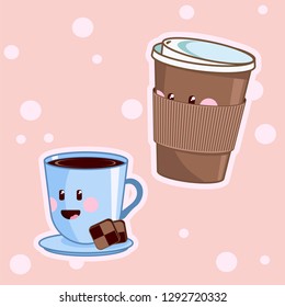 Kawaii coffee. Cute cafe drinks. Vector coffee cups with happy face on a pink background..