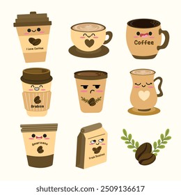 Kawaii Coffee Element Set. Suitable for flat design graphic illustration, clip art,  posters, stickers, cards, etc
