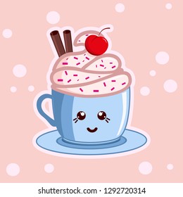 Kawaii coffee with icecream. Cute cafe drinks. Vector coffee cups with happy face on a pink background..