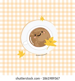 Kawaii coffee illustration seen from above with autumn leaves