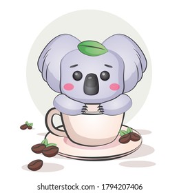 Kawaii Coffee Koala or Cute Animal Drawing for Poster and Merchandising Premium Vector, Character for Baby Shower