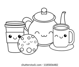 kawaii coffee maker and cookies over white