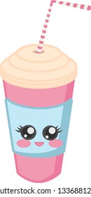 Kawaii coffee paper cup. Coffee to go. Cute cafe drinks. Vector coffee cups with happy face.
