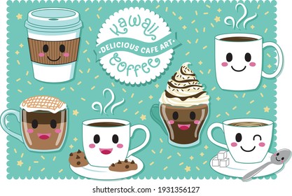 Café Kawaii de 6 tazas de café latte de cappucino para ir a la copa de chocolate Affogato salpicado de pinzas de arte anime Ilustración