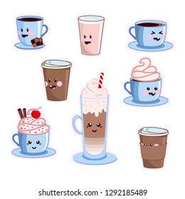 Kawaii coffee set. Various cute cafe drinks. Vector coffee cups with happy face on a pink background.