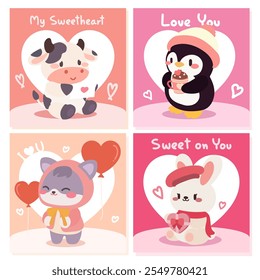 Una colección kawaii de tarjetas del Día de San Valentín con animales adorables como una vaca, un pingüino, un gato y un conejo. Cada diseño incluye mensajes de amor dulce, corazones y tonos pastel.