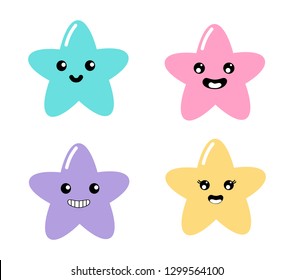 kawaii Collection emoticon Cute stars Pastel with Funny Faces cartoon isolated on White Background for kids. illustration Vector.