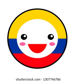 Kawaii Colombia flag smile. Flat style. Cute cartoon isolated fun design emoticon face. Vector art anime illustration for celebration holiday decoration element. Business card with template icon.