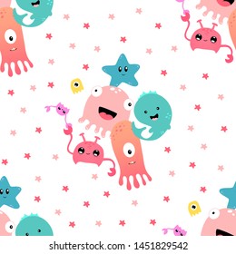 Kawaii color marine pattern. Octopus, crabs, stars and fish on a white background