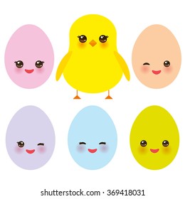 Kawaii colorful blue green orange pink yellow egg and chick with pink cheeks and winking eyes, pastel colors on white background. Vector