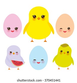Kawaii colorful blue green orange pink yellow egg and chick with pink cheeks and winking eyes, pastel colors on white background. Vector