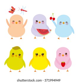 Kawaii colorful blue green orange pink yellow chick with pink cheeks and winking eyes, pastel colors on white background. Vector