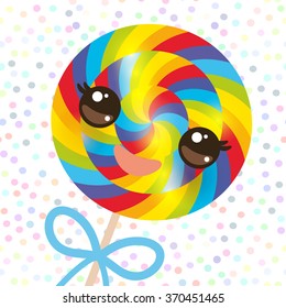 Kawaii colorful candy lollipop with bow, spiral candy cane. Candy on stick with twisted design with pink cheeks and winking eyes, pastel colors polka dot background. Vector