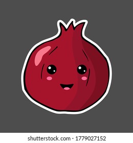 Kawaii colorful cartoon pomegranate sticker. Vector illustration isolated on dark background.