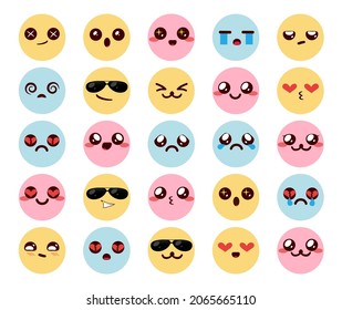 Juego de vectores de emoticonos coloridos de Kawaii. Emoji chibi emoticono personajes lindos con expresiones de caras alegres, sonrientes, amigables y tristes para el diseño de la colección de emojis kawaii. Ilustración vectorial.
