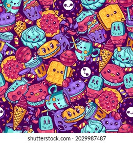 Kawaii colorful food seamless pattern. Cartoon style doodle sweety character. Emotional face icon candy shop. Hand drawn illustration. Nursery decoration, print, fabric. Vector