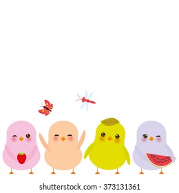 Kawaii colorful green orange pink chick with pink cheeks and winking eyes, pastel colors on white background. Vector